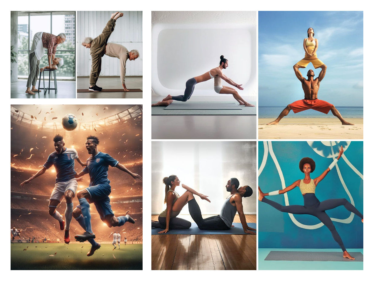 Common flaws in AI-generated visuals, such as distorted proportions and extra limbs, highlighting quality concerns.